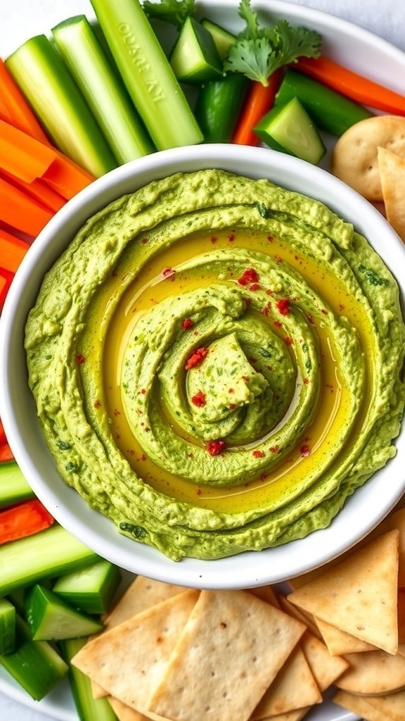 A bowl of green kale hummus with vegetables and pita chips for dipping.